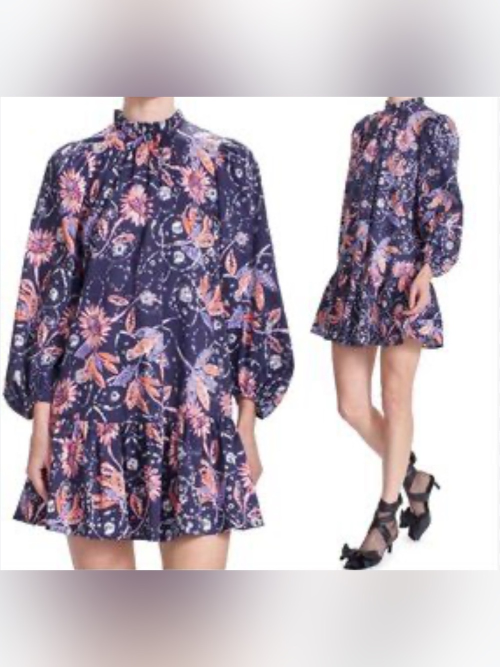 Corey Lynn Calter Navy Floral Long-Sleeve Mini Dress with Pink Accents Small EUC